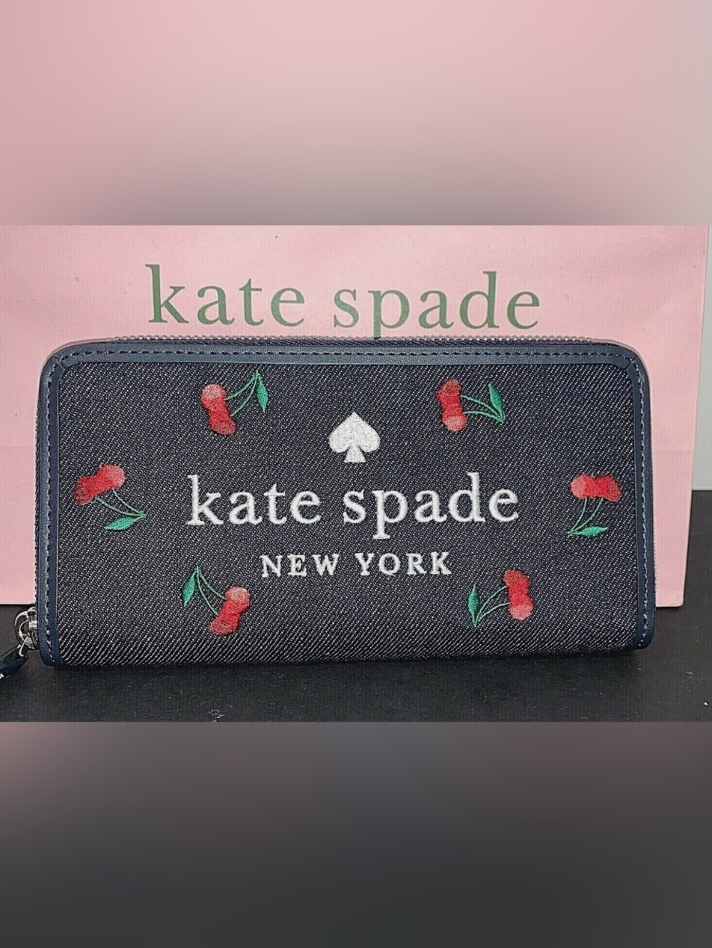 kate spade Denim Ella Cherry Embroidered Continental Wallet